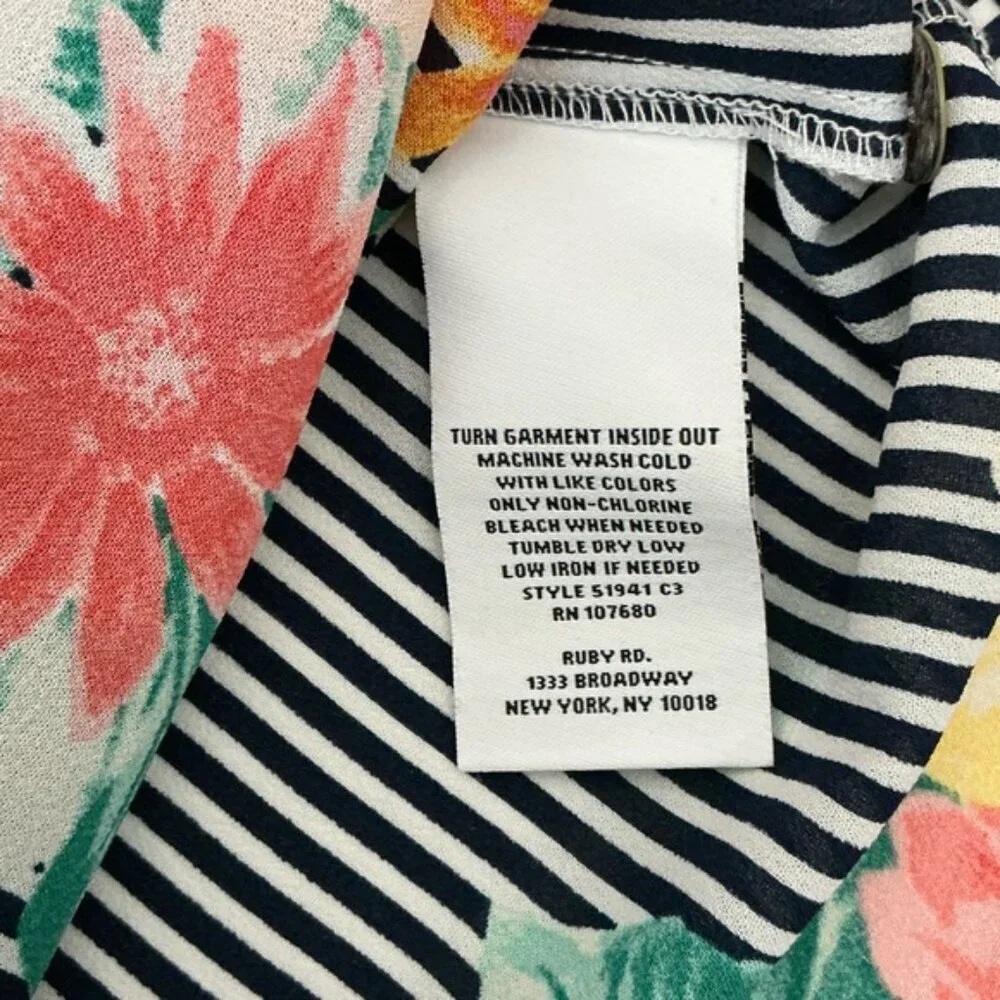 Ruby Rd Tie Up Top High Low 3/4 Sleeve Tropical Black White Stripe Petite Large - Picture 5 of 16